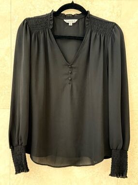 Nanette Lepore Black Blouse Smocked Long Sleeve Sheer Button Front Top EUC